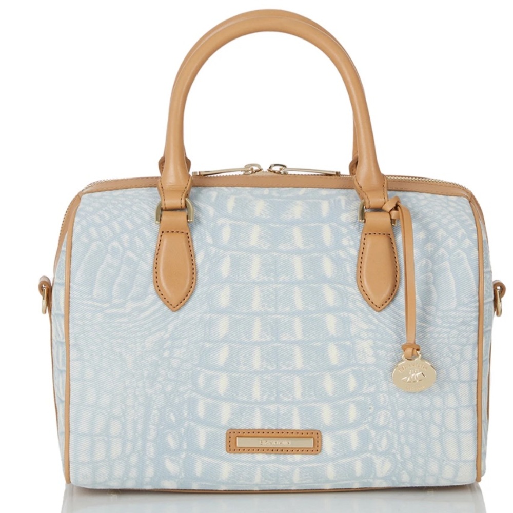 Brahmin Stacy Satchel Bag Croc Embossed Light Denim Quinze Tan Leather Accents - Picture 3 of 16